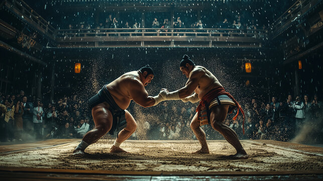 A sumo wrestler charging at his opponent in a traditional ring