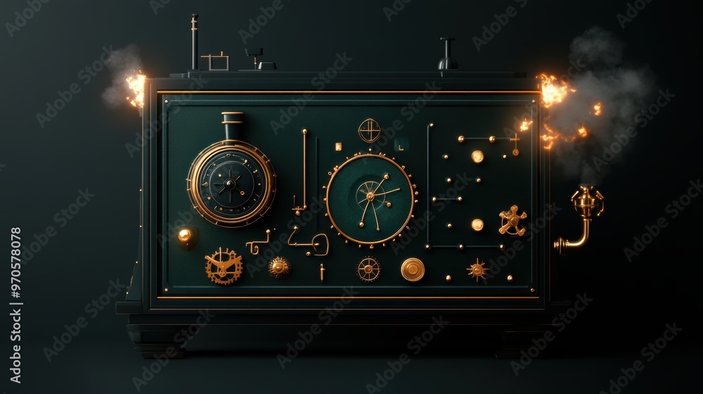 Poster a digital interface with steam punk inspired visuals displaying a game menu, featuring iconic steam 