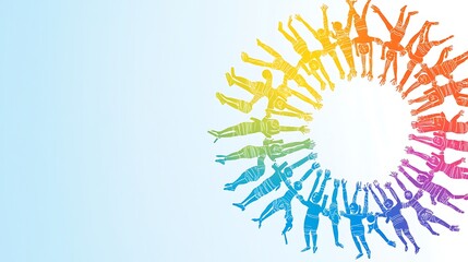 Rainbow-Colored Silhouettes of People in a Circle, Arms Raised