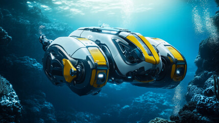 This is a robot that can move underwater on its own. It has robotic arms to help it with tasks. It's like a modern underwater drone that can explore the deep sea and check on the ocean floor.
