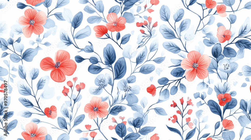 Poster this pattern features a mix of light blue and red flowers and leaves, creating a sparkly and abstrac