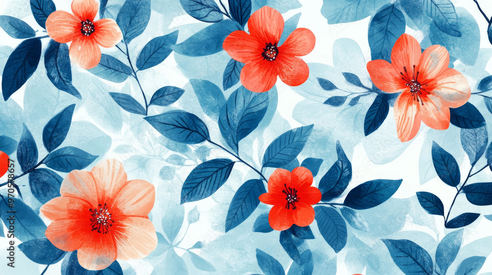 Poster this pattern features a mix of light blue and red flowers and leaves, creating a sparkly and abstrac