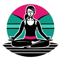 Woman in peaceful yoga pose silhouette against vibrant circular background for t-shirt print