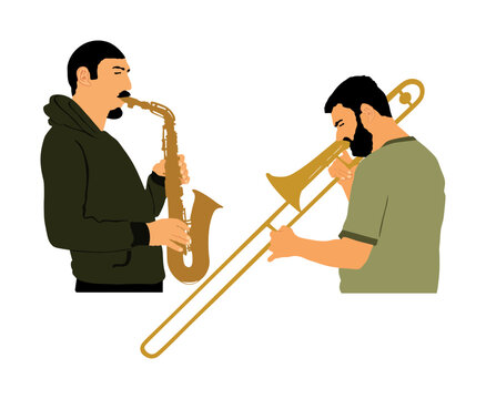 recommend clip art: Duo Trombone and trumpet players vector illustration isolated. Duet Music man play wind instrument. Artist boy jazz band. Bugler street performer. Saxophone musician play on entertainment event.