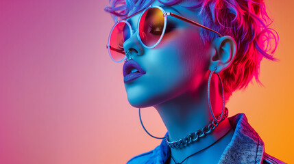 Obraz premium Young woman with vibrant punk hair and sunglasses stands against a neon background banner with empty copy space for text. Pop art portrait concept