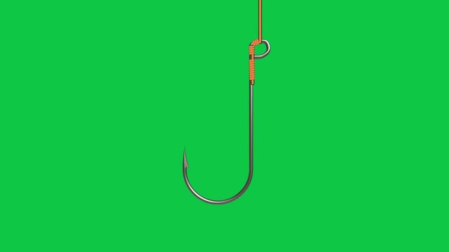 Fishing hook with rope on green screen chroma key background.