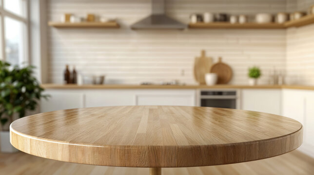 Empty round wooden tabletop with blurred kitchen background