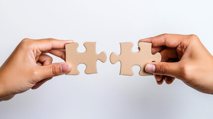 Two hands holding puzzle pieces coming together over a contract, collaboration, negotiation to solve a problem