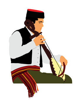 recommend clip art: Boy guslar play gusle vector illustration isolated. Traditional music instrument from Montenegro and Serbia. Balkan musician player and singer. Folklore artist man event amusement entertainment. 