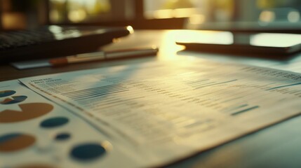 Financial newspaper with charts and graphs on a desk in morning sunlight.