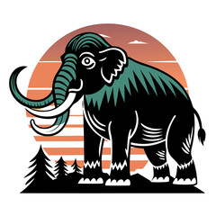 Fototapeta premium Prehistoric woolly mammoth silhouette at sunset in circular design for t-shirt print
