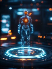 Fototapeta premium A hologram of a robot standing on a futuristic desk, featuring glowing light and intricate details.