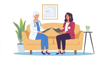 Happy young female nurse provide care medical service help support smiling old grandma at homecare medical visit, lady carer doctor give empathy encourage retired patient sit on sofa at home hospital