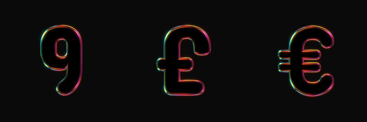 set of black 3d numbers and symbols with multicolored embossed outline, black background, 3d rendering