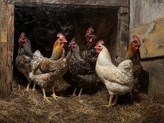 a group of chicken in barn - ai