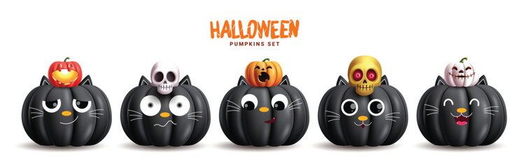Halloween pumpkins black vector set design. Halloween black cat pumpkin characters with creepy, spooky and scary element isolated in white background. Vector illustration holiday cute pumpkins set.  
