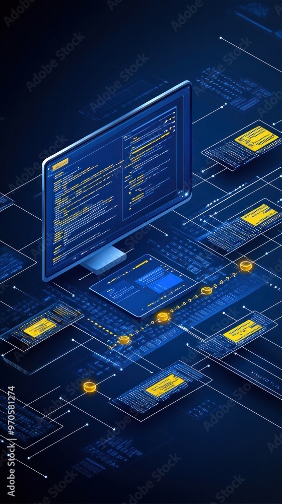 Poster a computer monitor displays a complex network of blue and yellow lines. concept of technology and co