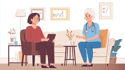 Happy young female nurse provide care medical service help support smiling old grandma at homecare medical visit, lady carer doctor give empathy encourage retired patient sit on sofa at home hospital