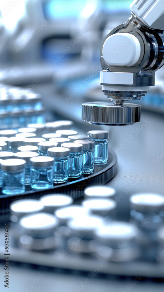Poster a robot is working on a conveyor belt with many bottles. the robot is focused on a single bottle, an
