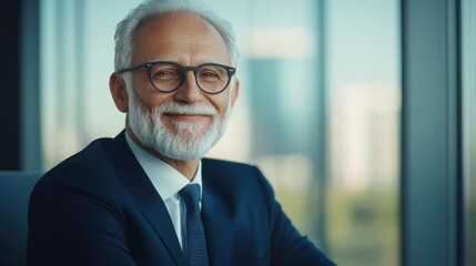 Fototapeta premium Confident senior businessman in suit and glasses smiling while sitting in modern office with large windows and city view in background.