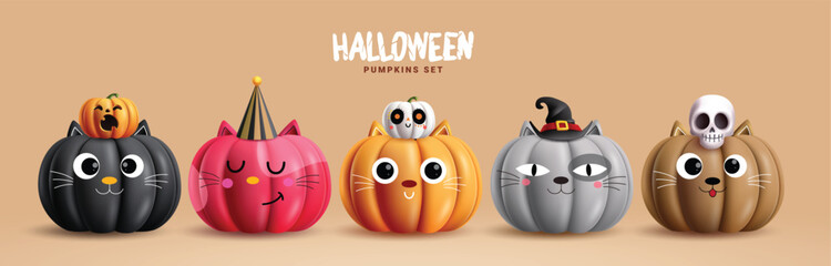 Halloween pumpkins cat vector set design. Pumpkins cat colorful cute characters collection in isolated background for halloween trick or treat  elements. Vector illustration horror pumpkins set. 
