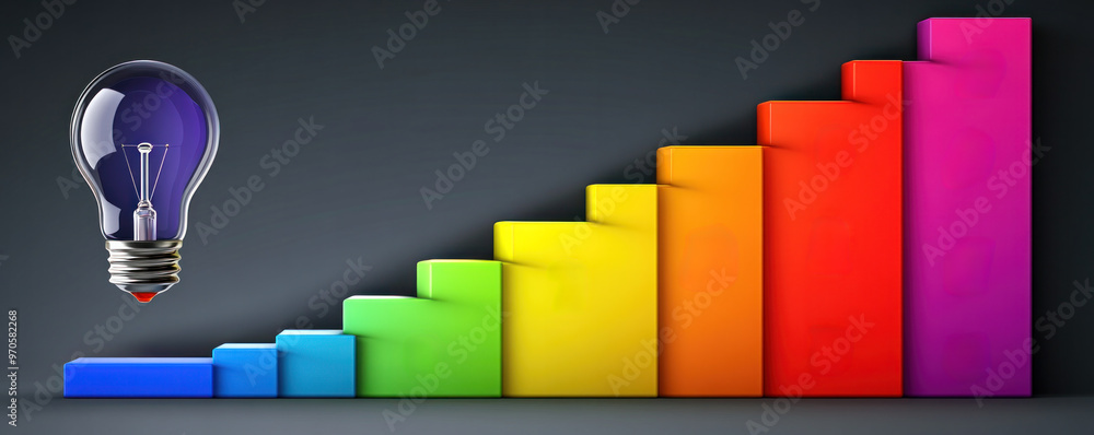Poster a light bulb is hovering above a series of colorful blocks, representing a graph or a chart. concept