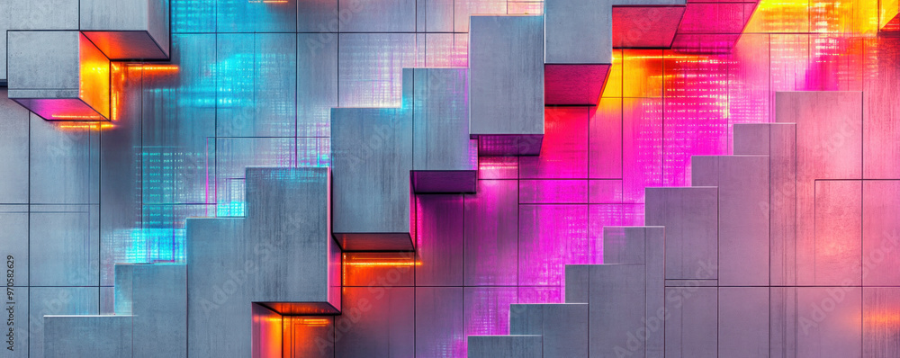 Poster a colorful wall with a staircase made of blocks. the blocks are in different colors and are arranged