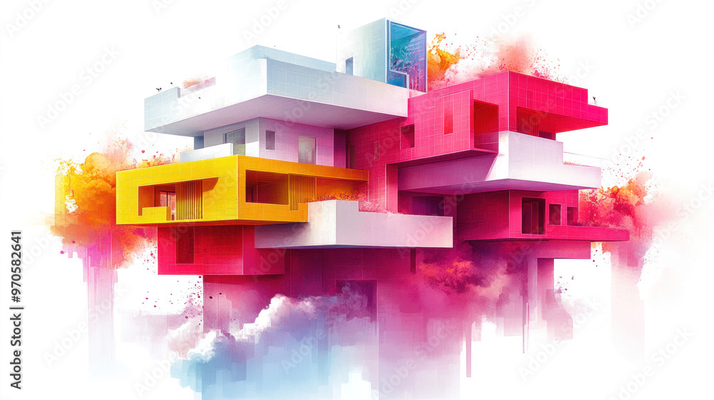 Poster a colorful building with a white roof and pink and yellow walls. the building is made of blocks and 