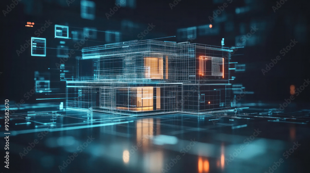 Poster a futuristic house is shown in a computer generated image. the house is made up of many small square