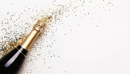 A champagne bottle with a straw and a gold glitter ribbon on a white background