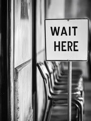 A black-and-white image of a "Wait Here" sign standing beside a row of empty chairs. The scene evokes the concept of patience, order, and queuing in a public space or waiting area.
