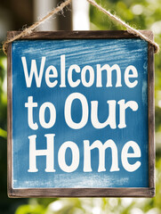 A blue wooden sign with white text reads "Welcome to Our Home," hanging by a rope outdoors. The image evokes feelings of warmth, hospitality, and an inviting atmosphere for guests.