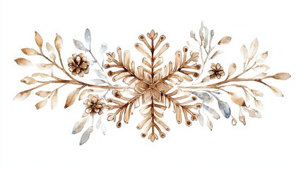 Watercolor Brown Snowflake with Floral Border