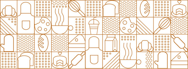 Hand drawn illustration of Bakery and Coffee. Icons. Abstract geometric line background. Gold luxury. Pattern for cover design, food package, menu, background, café wall, coffee shop, web banner