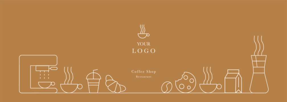Hand drawn illustration of Bakery and Coffee. Icons. Abstract geometric line background. Gold luxury. Pattern for cover design, food package, menu, background, café wall, coffee shop, web banner