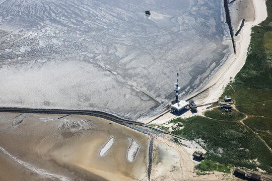 Aerial view of the tidal flats in the North Sea off the coast of north Friesland. Germany