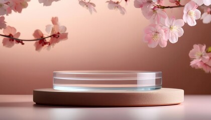 Elegant Minimalist Display with Delicate Cherry Blossoms and Soft Gradient Background, Perfect for Product Presentation or Cosmetic Showcase in a Serene and Calming Spring Atmosphere