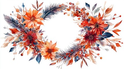 Watercolor Autumn Floral Wreath with Feathers