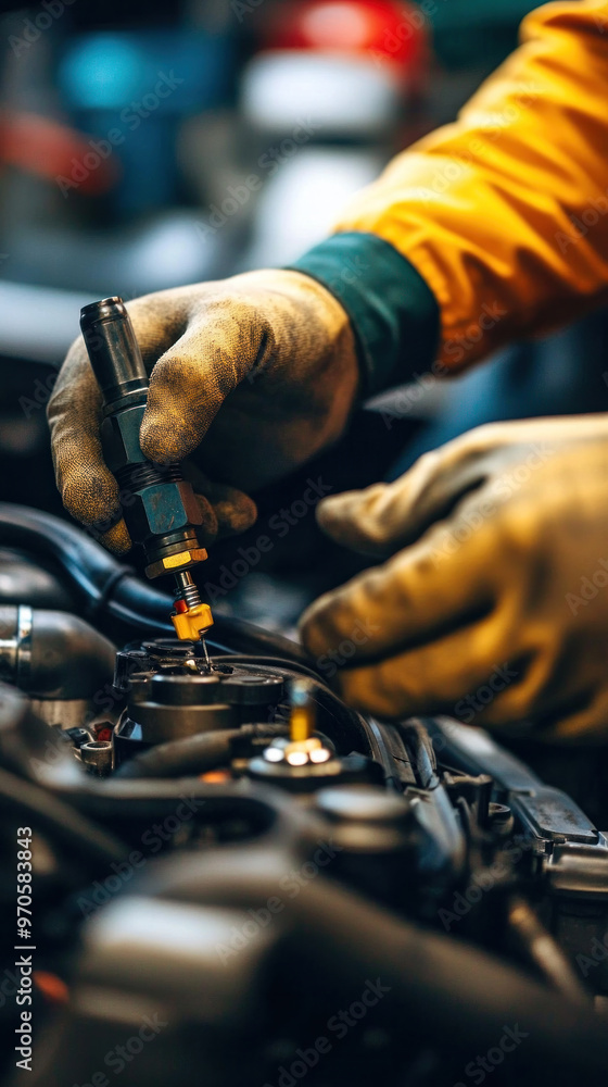 Poster a mechanic is working on a car engine, using a tool to tighten a bolt. concept of focus and determin