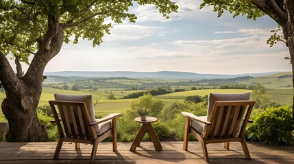 Two wooden chairs on a deck overlooking a valley with a small table between them.