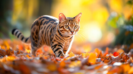 A beautiful Bengal cat wanders through the colorful leaves of a fall forest.