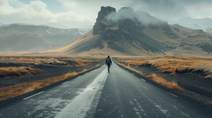A person walking down a road in the middle of nowhere