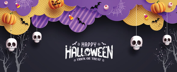 Happy halloween party greeting text vector banner design. Halloween trick or treat greeting with clouds paper cut, hanging  skull elements and pumpkins decoration. Vector illustration holiday season 