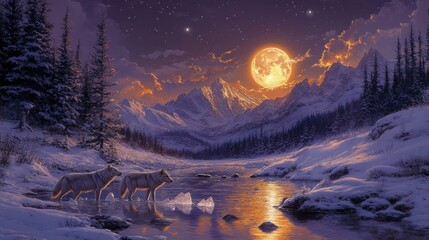 Wolves in a Snowy Mountain Landscape under a Full Moon