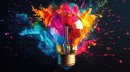Think differently approach for teamwork members as Creative light bulb exploding with colorful paint and splashes on black background