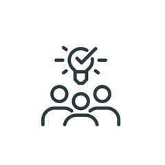 Creative community, collective insight, group knowledge outline icon. Line sign group of three people with light bulb above their heads. Vector isolated pictograms on white background editable stroke.