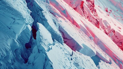 Crack on steep snowy slope in mountains initial stage of spring avalanche formation