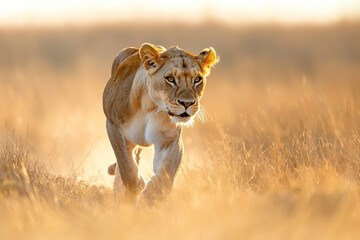 Lioness gracefully hunting in a sunlit savannah