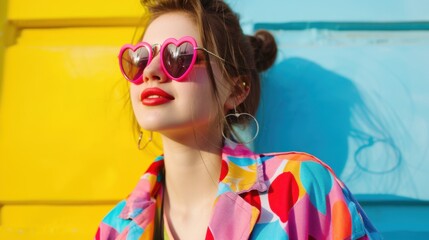 A woman in a colorful jacket and sunglasses with heart shaped glasses