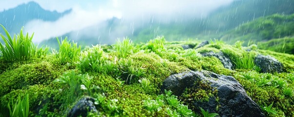 A serene rocky hillside blanketed in vibrant green moss during the rainy season, with delicate mist rising gently from the ground, creating a mystical atmosphere.